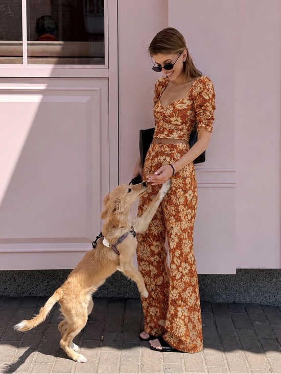 Zara Pants - Zara Floral Ruched Crop Top & Wide Leg Pants Co-Ord Set XS/S Orange Boho Y2K